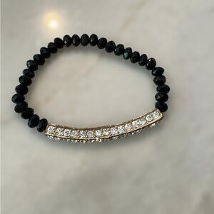 Rhinestone Crystal Bar on Black Faceted Bead Stretch Bracelet
